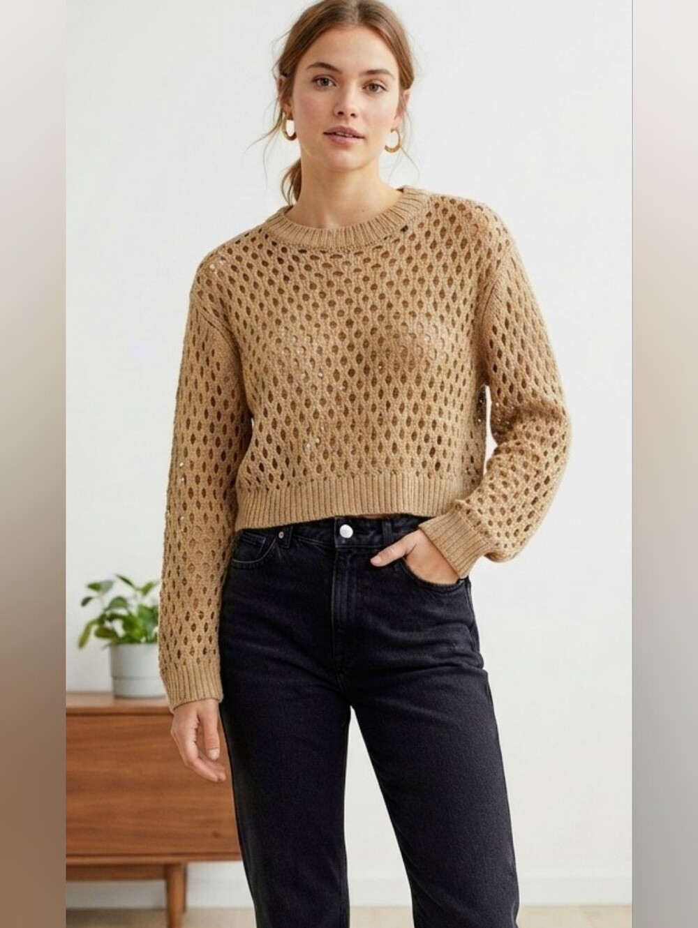 H&M Divided Tan Open-Knit Crochet Cropped Crewneck Sweater S